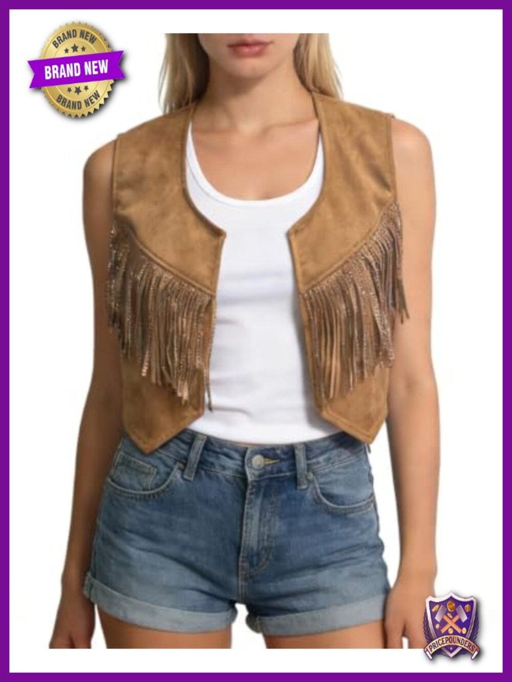 Faux Suede Fringe Vest Cropped Sleeveless Rhinestone Western Boho Top